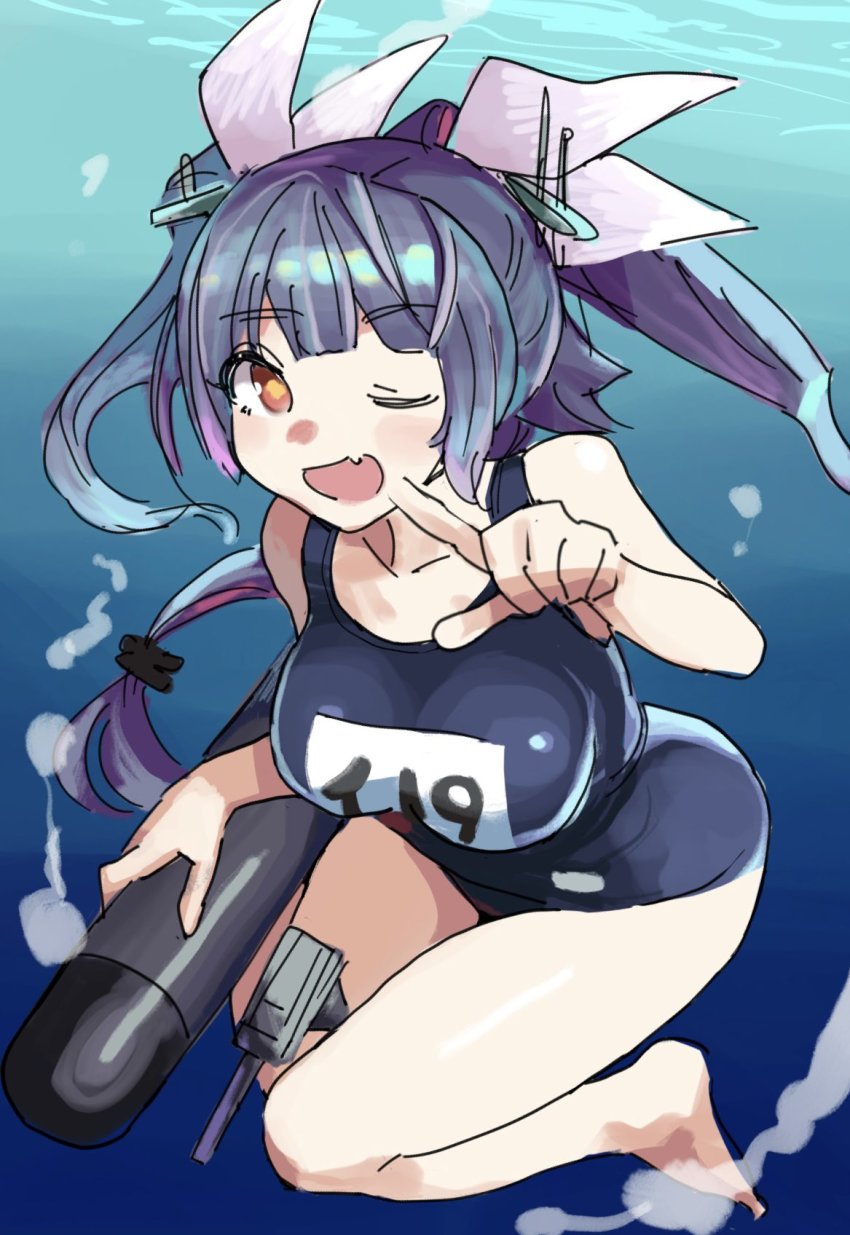 1girl barefoot blue_hair blue_one-piece_swimsuit blush breasts commentary_request fang hair_ribbon highres i-19_(kancolle) index_finger_raised kantai_collection large_breasts long_hair looking_at_viewer mizoki_kei name_tag one-piece_swimsuit one_eye_closed open_mouth purple_hair ribbon school_swimsuit sketch solo swimsuit torpedo tri_tails underwater water