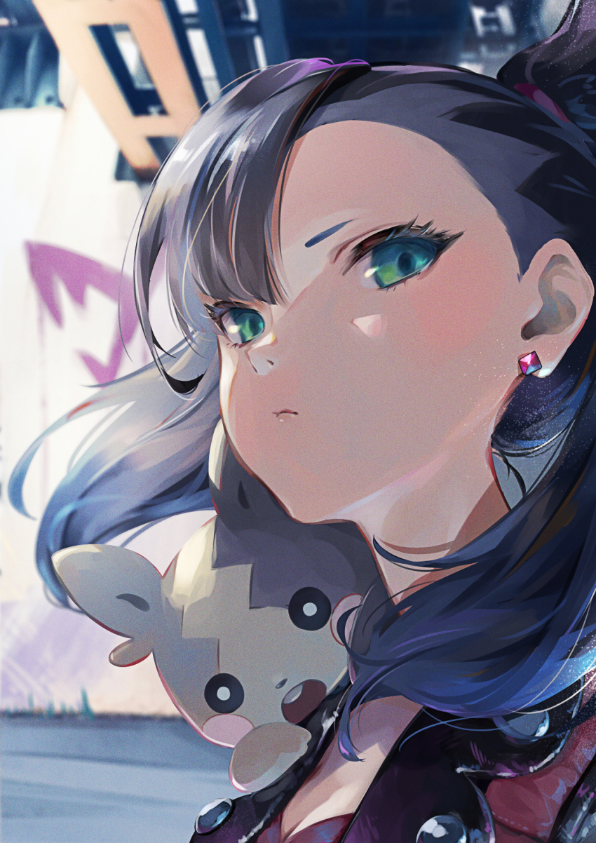 1girl asymmetrical_bangs black_hair black_jacket blurry blurry_background closed_mouth commentary_request earrings eyelashes gen_8_pokemon green_eyes highres jacket jewelry marnie_(pokemon) morpeko morpeko_(full) nintendo on_shoulder pokemon pokemon_(creature) pokemon_on_shoulder pokemon_swsh strap torokko upper_body