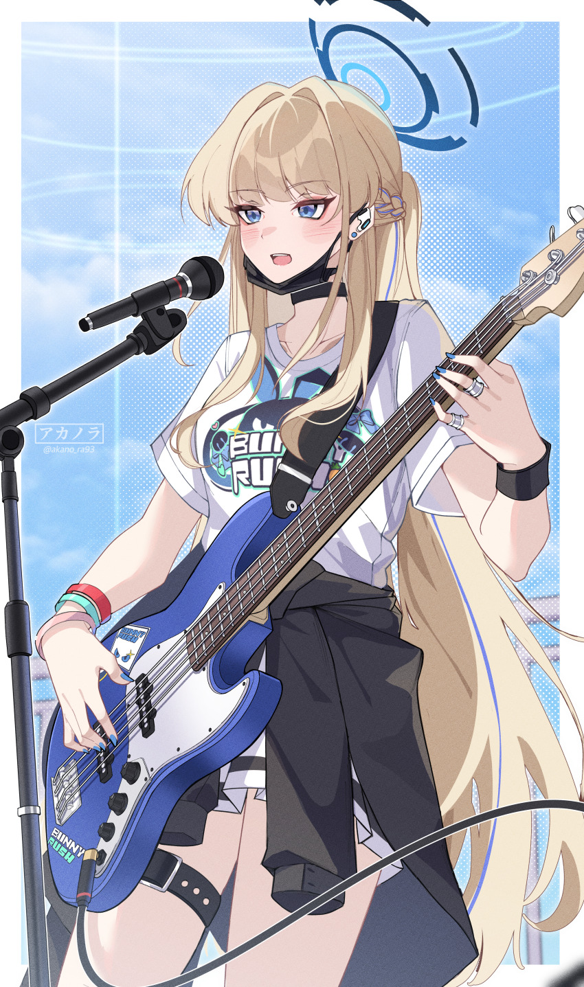 1girl absurdres akanora alternate_costume artist_name bass_guitar black_collar black_jacket black_mask blonde_hair blue_archive blue_eyes blue_halo blue_nails blush braid clothes_around_waist collar collarbone cowboy_shot bass_guitar fender_jazz_bass hair_intakes half_up_braid halo headset highres instrument jacket jacket_around_waist jewelry long_hair mask mask_pull microphone microphone_stand mouth_mask multiple_rings music open_mouth playing_instrument pleated_skirt ring shirt short_sleeves singing skirt solo surgical_mask sweatband teeth thigh_strap toki_(blue_archive) twitter_username very_long_hair white_shirt white_skirt wristband