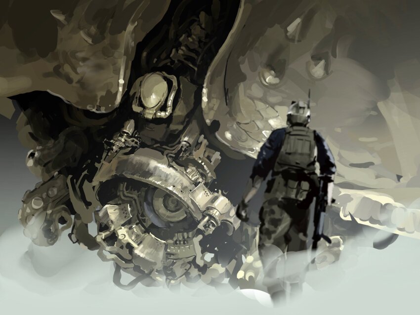 1boy apsalus black_jacket bulletproof_vest green_pants green_vest gun gundam gundam_08th_ms_team gundam_ez8 helmet highres holding holding_gun holding_weapon humanization jacket looking_up mecha pants radio_antenna rintaro_komori robot science_fiction shoulder_spikes size_difference smoke spikes vest weapon