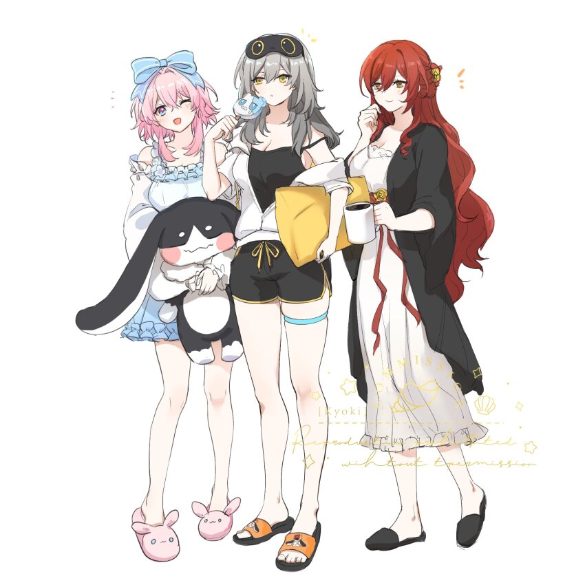 3girls ;) black_camisole black_coat black_shorts blue_dress blue_ribbon bow breasts camisole cleavage coat coffee coffee_mug commentary_request cup dolphin_shorts dress food grey_hair hair_bow highres himeko_(honkai:_star_rail) holding holding_food holding_popsicle holding_stuffed_toy honkai:_star_rail honkai_(series) jacket kyoki_(bakat) large_breasts long_hair march_7th_(honkai:_star_rail) medium_hair mug multicolored_eyes multiple_girls one_eye_closed pink_hair pom-pom_(honkai:_star_rail) popsicle red_hair ribbon sandals shorts sleep_mask smile stelle_(honkai:_star_rail) stuffed_toy toes trailblazer_(honkai:_star_rail) two-tone_eyes white_background white_dress white_jacket yellow_eyes