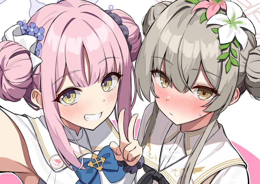 2girls amenocchi arm_up armpits blue_archive blush borrowed_hairstyle capelet commentary_request donut_hair_bun double_bun dress fingernails flower grin hair_bun hair_flower hair_ornament hair_scrunchie halo highres long_hair looking_at_viewer matching_hairstyle mika_(blue_archive) multiple_girls nagisa_(blue_archive) nose_blush outline scrunchie selfie sidelocks sleeveless sleeveless_dress smile sweatdrop upper_body v very_long_hair white_capelet white_dress white_outline yellow_eyes