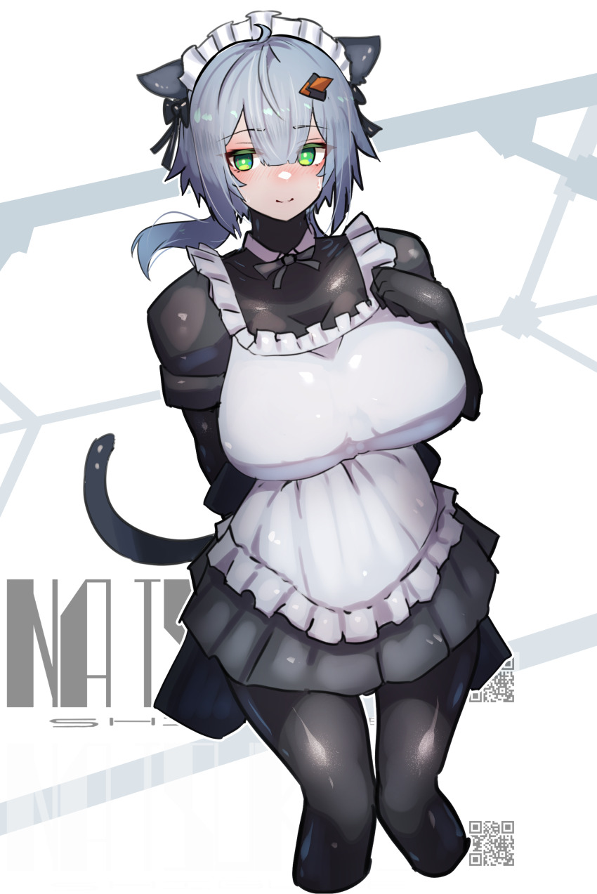 1girl absurdres animal_ears apron barcode black_bodysuit bodysuit bodysuit_under_clothes breasts cat_ears cat_girl cat_tail colossus_(natsukaze_shigure) green_eyes grey_hair hair_ornament highres large_breasts looking_at_viewer maid maid_apron maid_headdress natsukaze_shigure original qr_code smile solo tail white_apron white_background