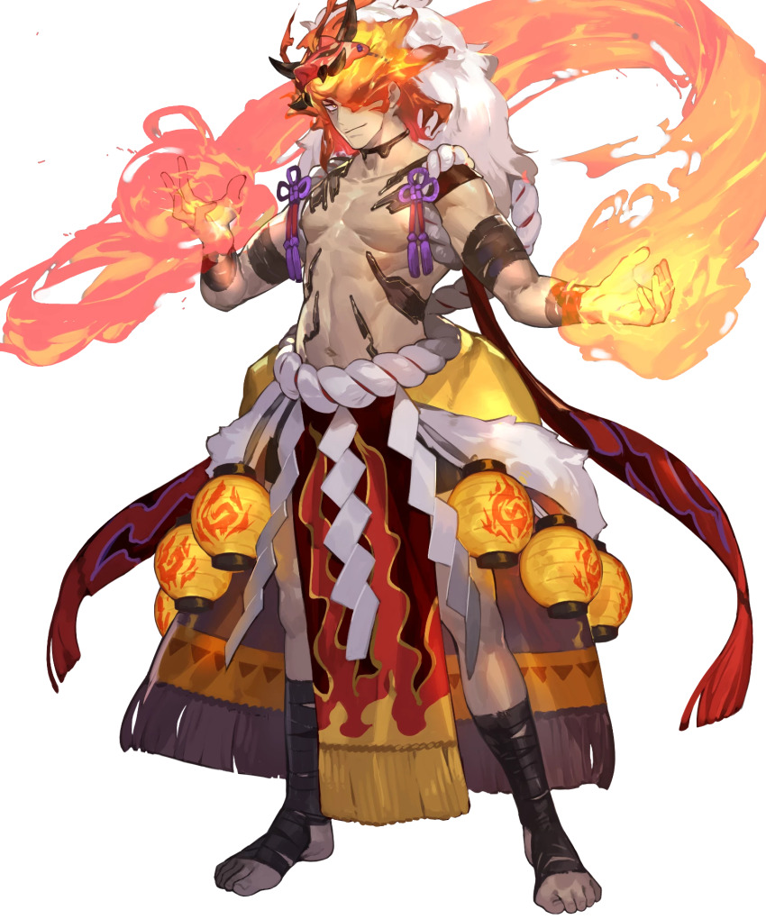 1boy abs bara body_markings dark-skinned_male dark_skin dragon_mask fake_hair fire_emblem fire_emblem_heroes flaming_hand hair_over_one_eye highres looking_at_viewer muscular muscular_male muspell_(fire_emblem) muspell_(flame)_(fire_emblem) nintendo non-web_source official_alternate_costume official_art orange_hair pelvic_curtain red_eyes shawl smile solo sumo tachi-e