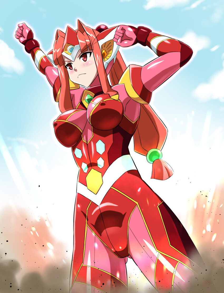 1girl arms_up asu_(hengaya) blue_sky blush bodysuit breasts clenched_hands closed_mouth cloud covered_erect_nipples cowboy_shot day dust gem giant giantess headgear highres large_breasts long_hair looking_to_the_side low-tied_long_hair ootori_vivienne outdoors outline parted_bangs ponytail red_bodysuit red_eyes red_hair sidelocks skin_tight sky solo standing ultimate_girl white_outline