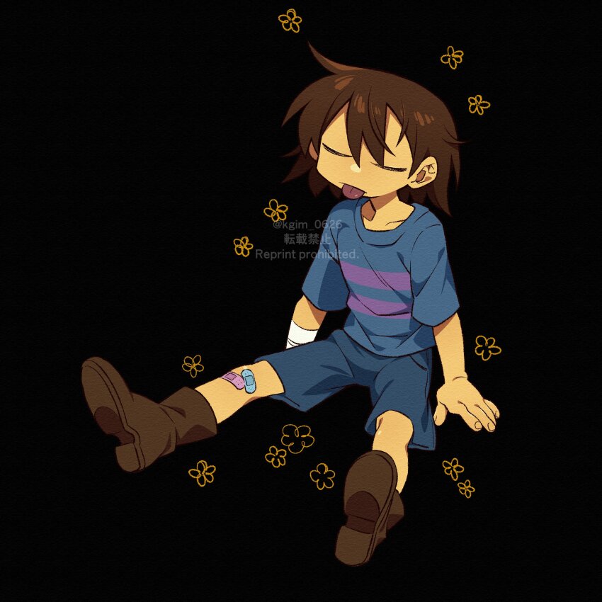 1other absurdres alternate_sleeve_length ankle_boots arm_support bandaged_arm bandages bandaid bandaid_on_leg black_background blue_shirt blue_shorts boots brown_footwear brown_hair closed_eyes closed_mouth collarbone colored_skin double-parted_bangs frisk_(undertale) full_body hair_behind_ear hair_between_eyes highres kageimo legs_apart other_focus purple_shirt shirt short_hair short_sleeves shorts simple_background sitting striped_clothes striped_shirt tongue tongue_out two-tone_shirt u_u undertale watermark yellow_skin