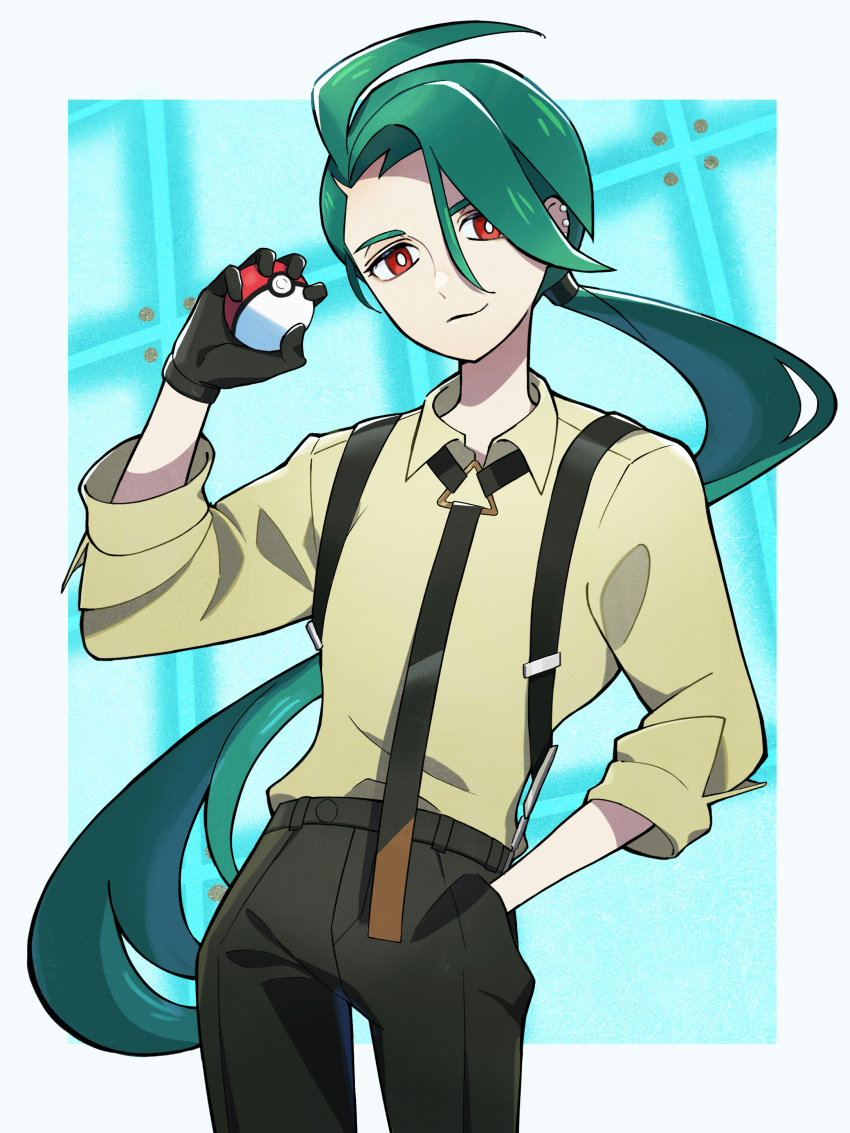 1girl absurdres ahoge black_necktie black_pants bright_pupils closed_mouth collared_shirt commentary_request cowboy_shot green_hair hand_in_pocket hand_up head_tilt highres holding holding_poke_ball long_hair necktie nintendo nori_(hgdm2784) pants poke_ball poke_ball_(basic) pokemon pokemon_sv ponytail red_eyes rika_(pokemon) shirt sleeves_rolled_up smile solo suspenders white_pupils