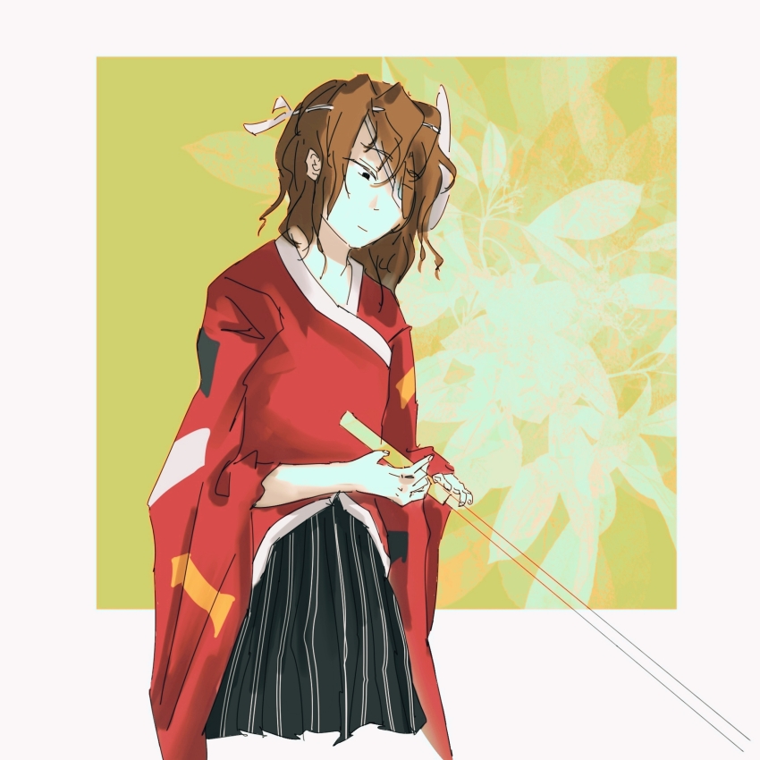 1other ametsukana_yago androgynous bandage_over_one_eye black_hakama brown_hair chinese_commentary closed_mouth commentary_request cowboy_shot hakama hakama_skirt highres japanese_clothes kimono len&#039;en long_sleeves mask mask_on_head medium_hair other_focus rainlow red_footwear red_kimono sketch skirt solo wide_sleeves