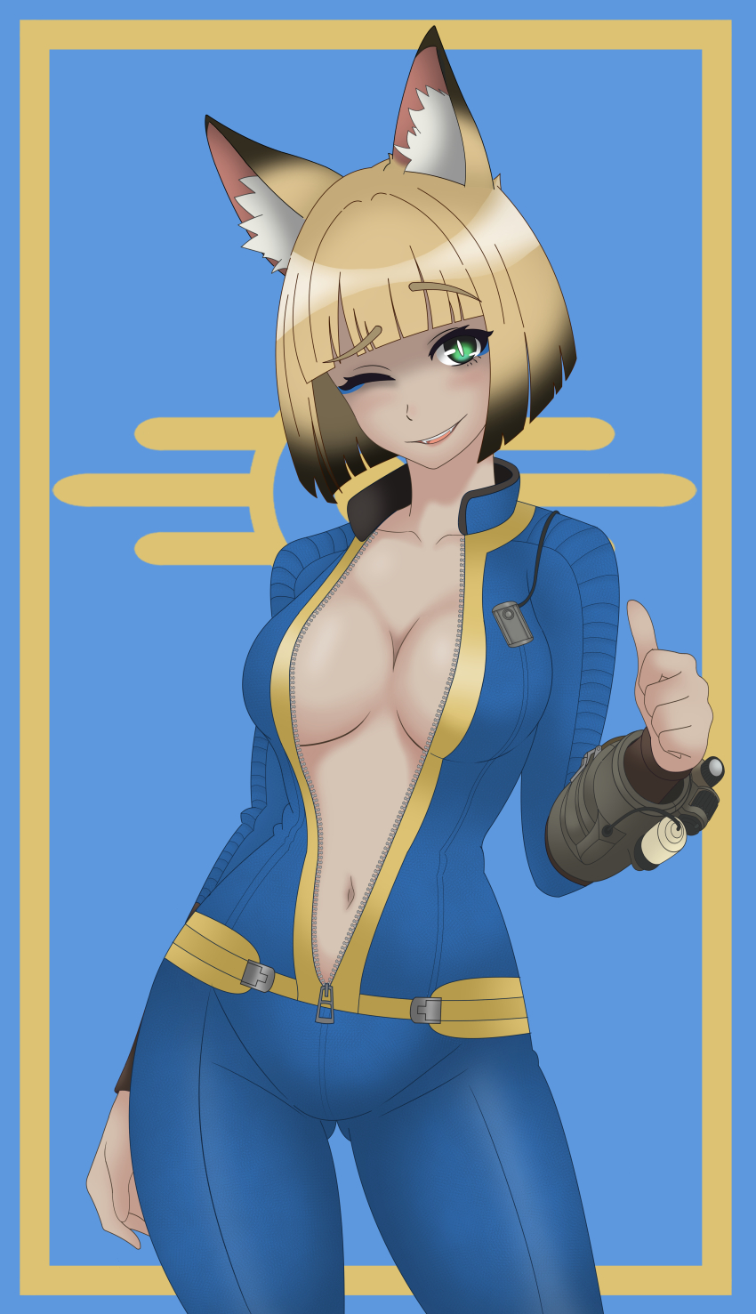 1girl absurdres animal_ears blue_bodysuit bodysuit breasts collar collarbone fallout fangs fox_ears gradient_hair green_eyes highres kitsune large_breasts looking_at_viewer multicolored_hair navel non-web_source one_eye_closed open_bodysuit open_clothes smile teeth thumbs_up upper_body upper_teeth_only vault_suit zipper_pull_tab