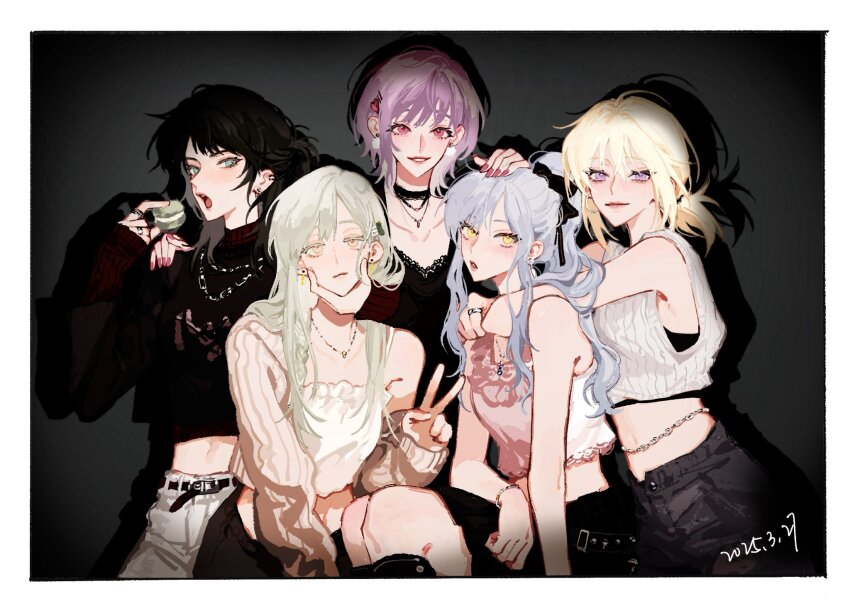 5girls :3 art_program_in_frame ave_mujica_(bang_dream!) bang_dream! bang_dream!_it&#039;s_mygo!!!!! belt black_belt black_choker black_shirt blonde_hair blue_eyes blue_hair camisole chain chain_necklace chinese_commentary choker commentary_request cucumber_hair_ornament dated earrings enpera feimeixiangguji food green_hair hair_ornament hairclip hand_on_another&#039;s_chin hand_on_another&#039;s_head hand_on_another&#039;s_shoulder heart heart_hair_ornament highres jewelry long_hair long_sleeves looking_at_viewer macaron medium_hair midriff misumi_uika multiple_girls nail_polish navel necklace off_shoulder open_mouth pink_camisole pink_eyes pink_nails ponytail procreate_(medium) purple_eyes purple_hair red_sweater scarf shirt sidelocks sleeveless sweater togawa_sakiko v very_long_hair wakaba_mutsumi yahata_umiri yellow_eyes yuutenji_nyamu