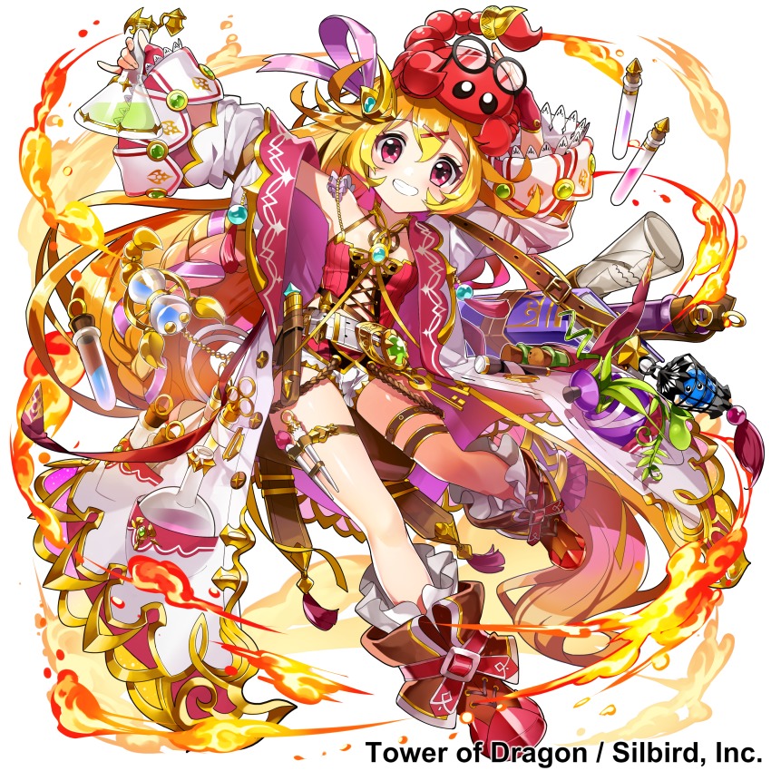 1girl absurdres animal animal_on_head bare_shoulders blonde_hair blush book boots brown_boots cloak copyright_name cork female_focus fire full_body gem grin hair_ornament hairclip hand_up highres holding long_hair long_sleeves low-tied_long_hair masyu_yuyu off_shoulder official_art on_head oversized_clothes pink_hair pinky_out red_ribbon ribbon scorpion scroll short_shorts shorts simple_background smile solo standing standing_on_one_leg thigh_strap tower_of_dragon very_long_hair vial watermark white_background white_cloak x_hair_ornament