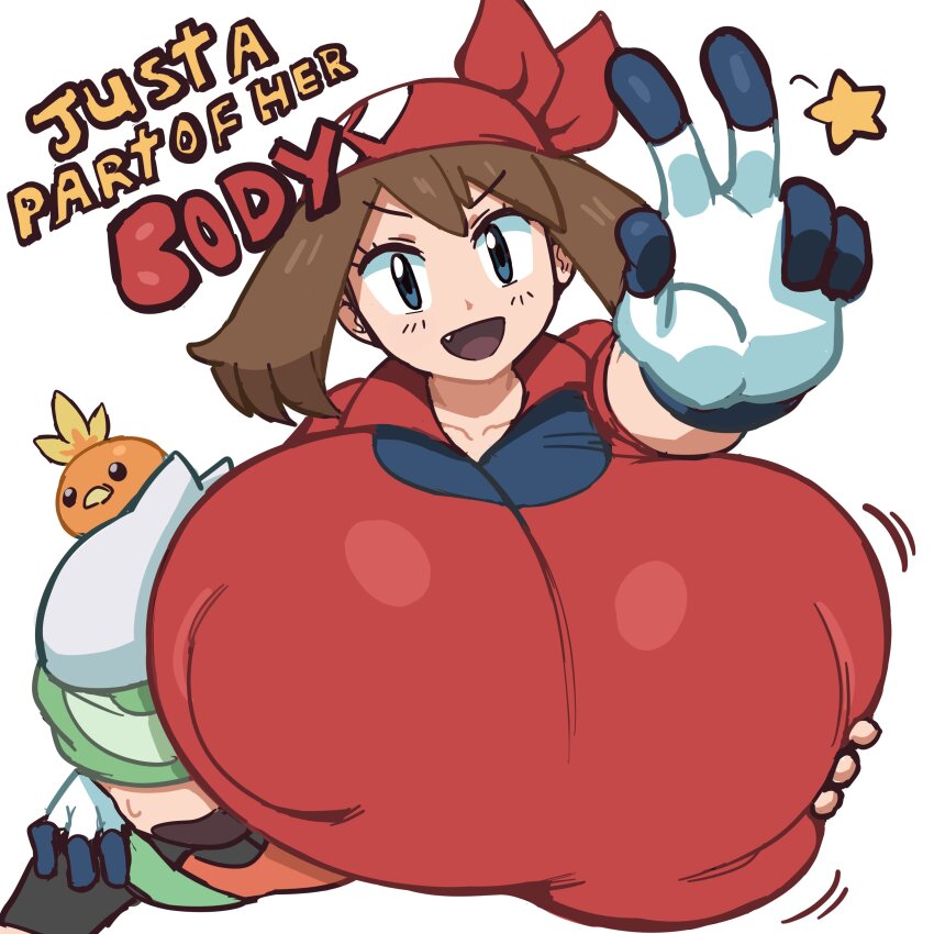 absurdres bandana blue_eyes breasts brendan_(pokemon) brendan_(pokemon_emerald) brown_hair gen_3_pokemon gigantic_breasts greyimpaction highres may_(pokemon) nintendo open_mouth pokemon pokemon_emerald pokemon_rse sweatdrop torchic