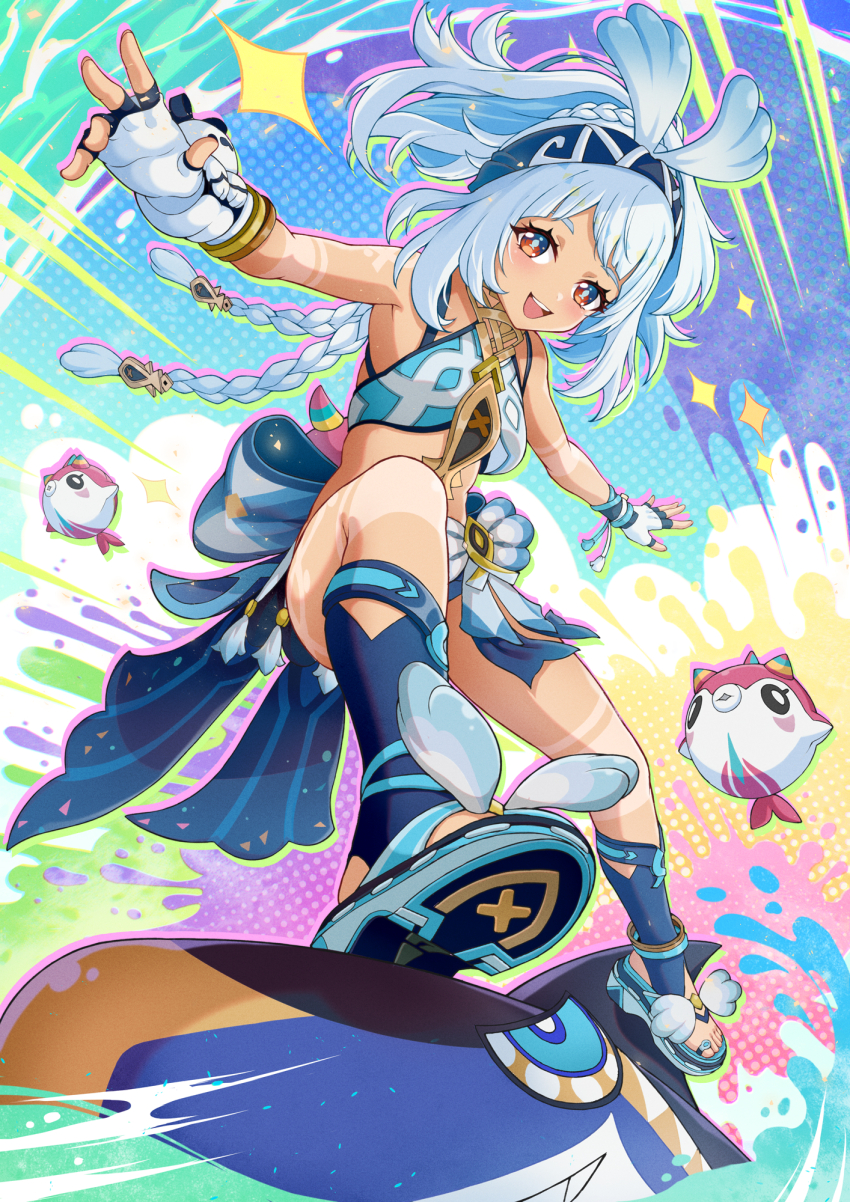 1girl agiri_(agiri_box) bare_shoulders blue_footwear braid fingerless_gloves floating_hair genshin_impact gloves hands_up highres long_hair looking_at_viewer mualani_(genshin_impact) open_mouth red_eyes smile solo sparkle symbol-shaped_pupils teeth upper_teeth_only white_gloves white_hair