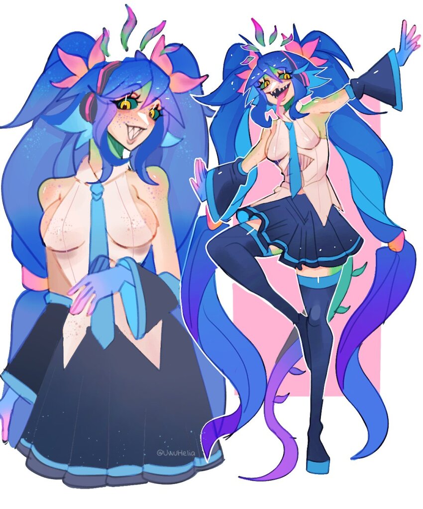 1girl black_skirt blue_hair blush breasts colored_skin cosplay detached_sleeves freckles green_skin green_tail grin hair_between_eyes hair_ornament hatsune_miku hatsune_miku_(cosplay) highres large_breasts league_of_legends lizard_tail long_hair multiple_views neeko_(league_of_legends) pink_tail reptile_girl sharp_teeth shirt skirt smile standing standing_on_one_leg tail teeth tongue tongue_out twintails uwuhelia very_long_hair vocaloid white_shirt