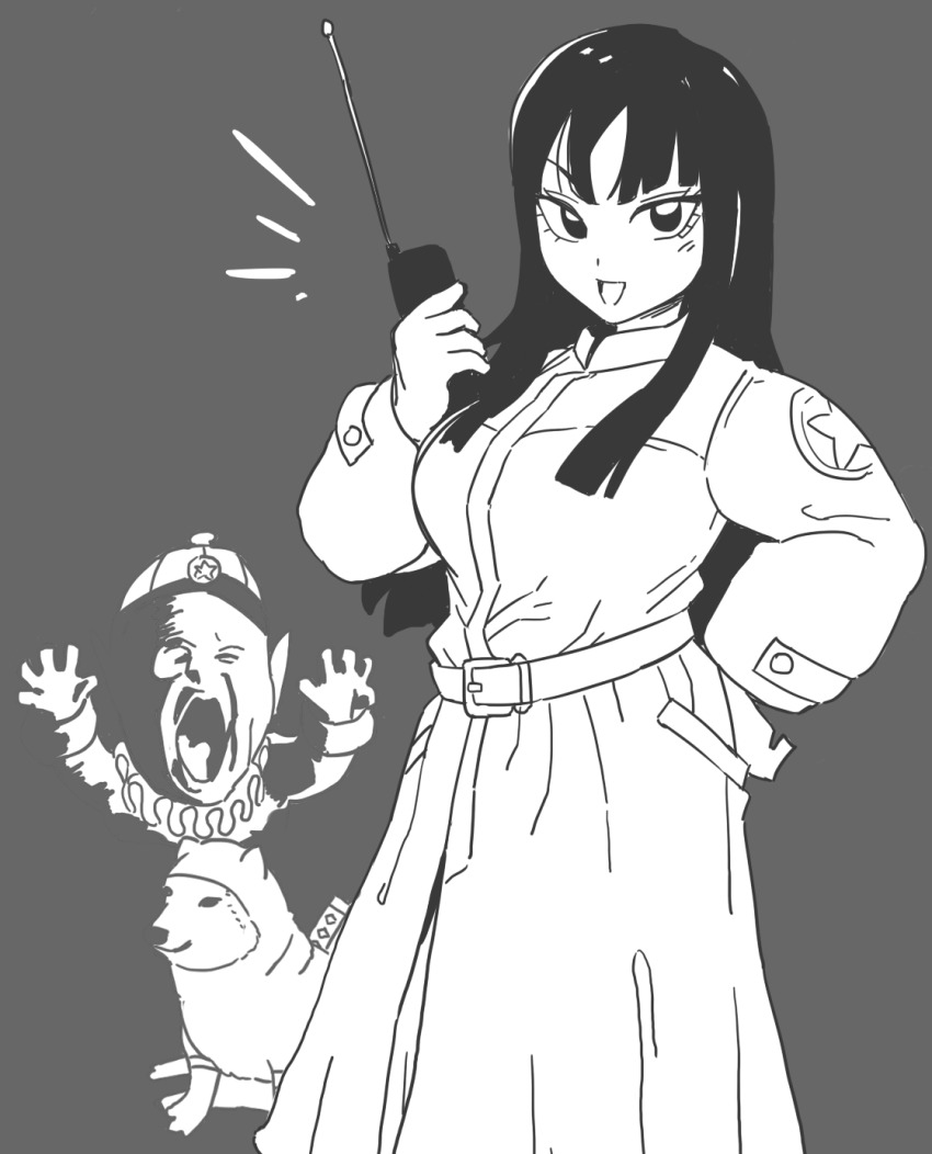 1girl 2boys ai-generated_art_(topic) ash_baby_(meme) bamman belt black_hair breasts closed_eyes dog doge dragon_ball dragon_ball_(classic) dress greyscale hand_on_own_hip hat height_difference highres holding holding_walkie-talkie long_hair long_sleeves looking_at_viewer mai_(dragon_ball) meme military_uniform monochrome multiple_boys open_mouth pilaf pointy_ears shuu_(dragon_ball) small_breasts smile sword too_literal walkie-talkie weapon