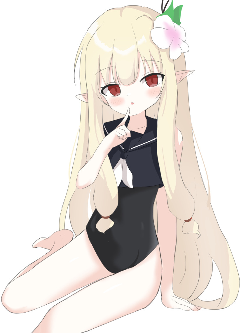 1girl absurdres blonde_hair character_request check_character check_copyright copyright_request highres long_hair one-piece_swimsuit pointy_ears red_eyes sailor_collar sailor_one-piece_swimsuit simple_background solo swimsuit user_yths2234