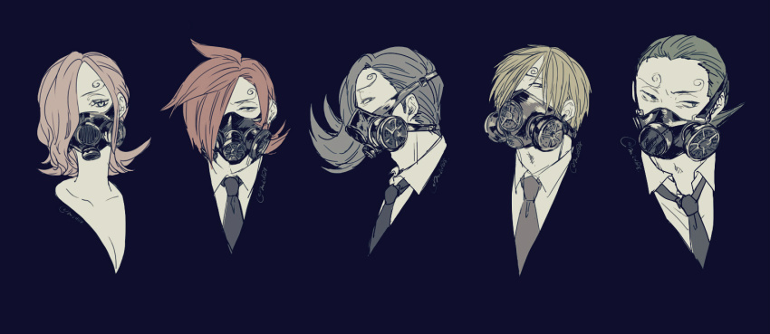 1girl 4boys alternate_costume black_background blonde_hair blue_hair brother_and_sister brothers commentary_request curly_eyebrows formal_clothes gas_mask green_hair hair_over_one_eye mask matsuda_(louol) multiple_boys necktie one_eye_covered one_piece pink_hair red_hair respirator sanji_(one_piece) short_hair siblings suit vinsmoke_ichiji vinsmoke_niji vinsmoke_reiju vinsmoke_yonji