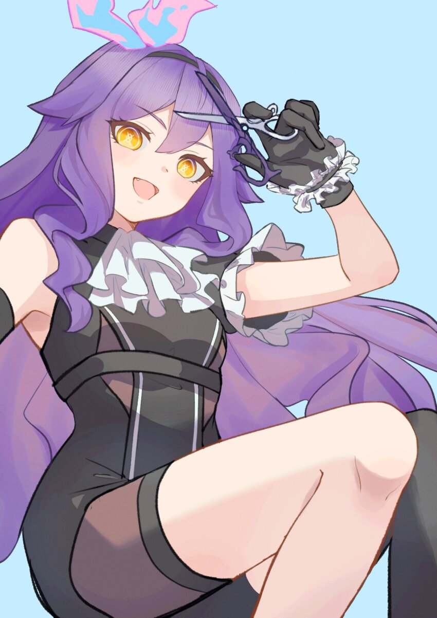 1girl ascot black_gloves black_shorts black_thighhighs breasts cosplay dmr_pic gloves hair_between_eyes highres holding holding_scissors holding_weapon honkai_(series) honkai_impact_3rd lio_fotia lio_fotia_(cosplay) long_hair looking_at_viewer open_mouth promare purple_hair scissors shorts simple_background single_bare_shoulder single_thighhigh sirin small_breasts solo thighhighs weapon yellow_eyes