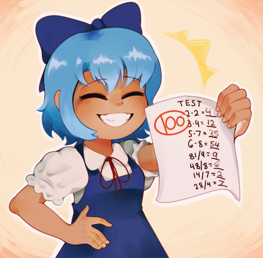 1girl blue_bow blue_dress blue_hair bow breasts cirno clem_(calmeremerald) closed_eyes collared_shirt commentary cowboy_shot dark-skinned_female dark_skin dress english_commentary english_text academic_test facing_viewer frilled_sleeves frills hair_bow hand_on_own_hip happy holding holding_paper medium_hair neck_ribbon no_wings open_mouth paper pinafore_dress puffy_short_sleeves puffy_sleeves red_ribbon ribbon shirt short_sleeves simple_background sleeveless sleeveless_dress small_breasts smile solo teeth academic_test touhou white_shirt yellow_background