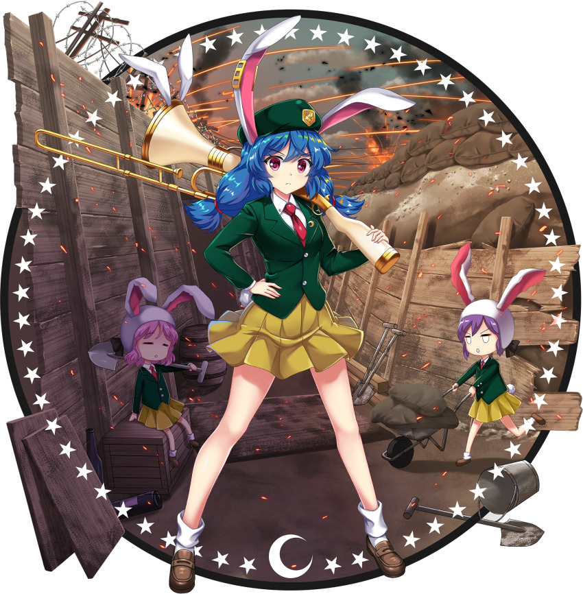 3girls alternate_costume beret blue_hair boots breasts brown_boots brown_shoes bucket closed_eyes closed_mouth collared_shirt crescent crescent_pin earclip full_body game_cg green_hat green_jacket gun hand_on_own_hip hat helmet highres holding holding_gun holding_shovel holding_weapon jacket loafers long_hair long_sleeves looking_at_viewer low_twintails lunatic_gun medium_hair moon_rabbit moon_rabbit_extra_(touhou) multiple_girls necktie official_art outdoors pink_hair pleated_skirt purple_hair rabbit_tail red_eyes red_necktie rotte_(1109) seiran_(eagle_ravi_special_forces)_(touhou) seiran_(touhou) shirt shoes short_hair shovel sitting skirt socks solo_focus standing star_(symbol) tail third-party_source touhou touhou_lostword transparent_background trench twintails weapon wheelbarrow white_shirt white_socks yellow_skirt