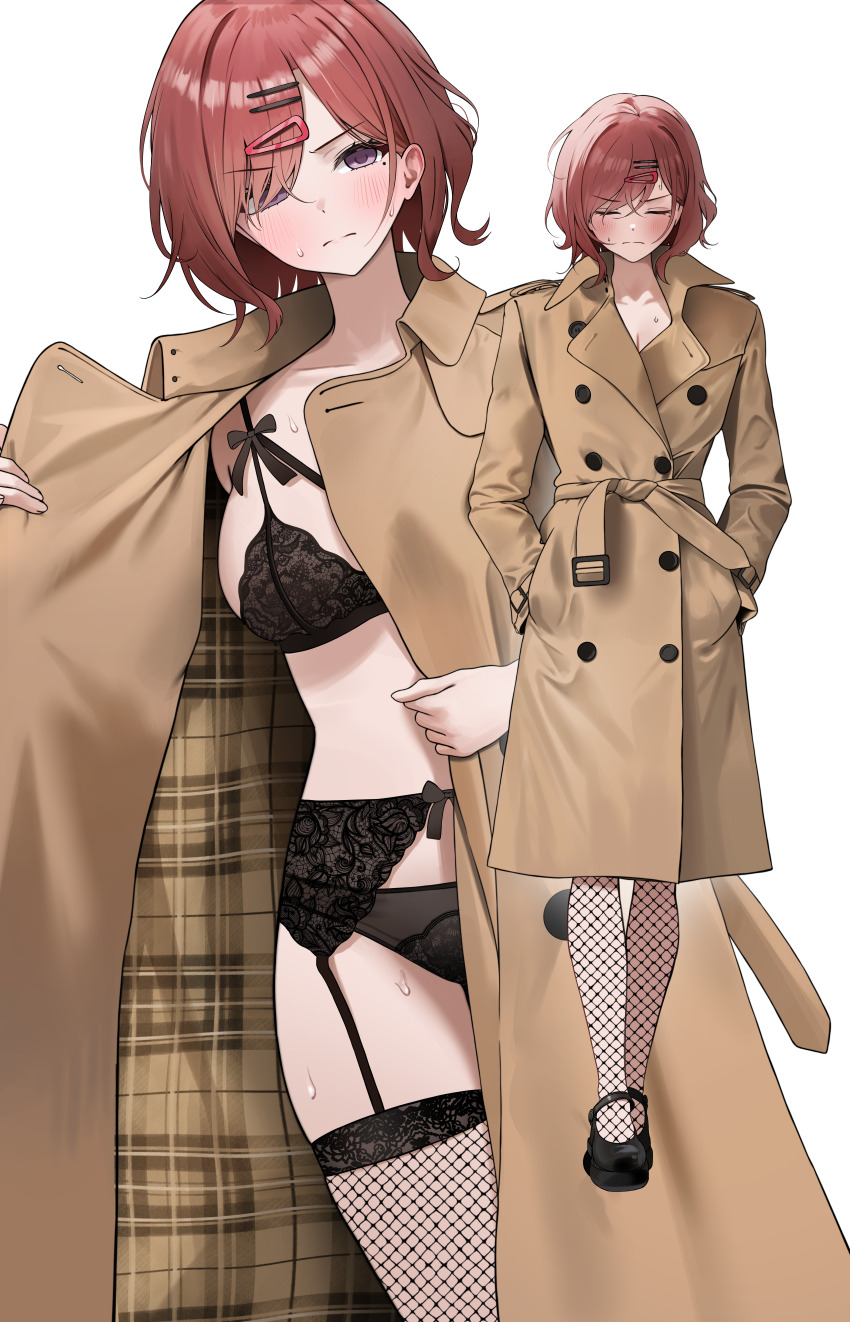 1girl absurdres black_bra black_garter_belt black_panties black_thighhighs blush bra breasts brown_coat brown_hair closed_eyes coat commentary flashing garter_belt hands_in_pockets highres higuchi_madoka idolmaster idolmaster_shiny_colors lace lace-trimmed_garter_belt lace_bra lace_trim lingerie looking_at_viewer medium_breasts mole mole_under_eye multiple_views no_pants no_shirt open_clothes open_coat panties pdal_(pdalhhh) red_eyes short_hair simple_background sweat sweatdrop thighhighs trench_coat underwear white_background
