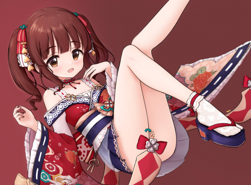 1girl absurdres bare_shoulders blush breasts brown_eyes brown_hair convenient_censoring frilled_sleeves frills highres idolmaster idolmaster_cinderella_girls japanese_clothes jia_wenyuan kimono leg_up long_hair looking_at_viewer lying ogata_chieri okobo on_back open_mouth platform_sandals sandals short_kimono small_breasts smile solo tabi twintails wide_sleeves
