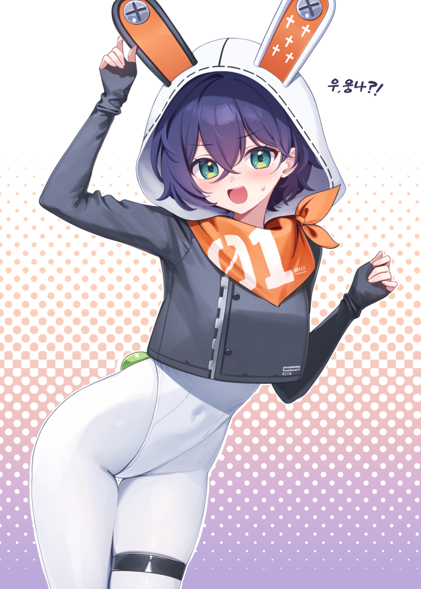 1girl bandana belle_(zenless_zone_zero) blue_hair blush breasts cosplay cowboy_shot deadnooodles eous_(zenless_zone_zero) eous_(zenless_zone_zero)_(cosplay) green_eyes highres korean_text leotard looking_at_viewer medium_breasts open_mouth orange_bandana pantyhose short_hair solo sweatdrop thigh_strap white_leotard white_pantyhose zenless_zone_zero