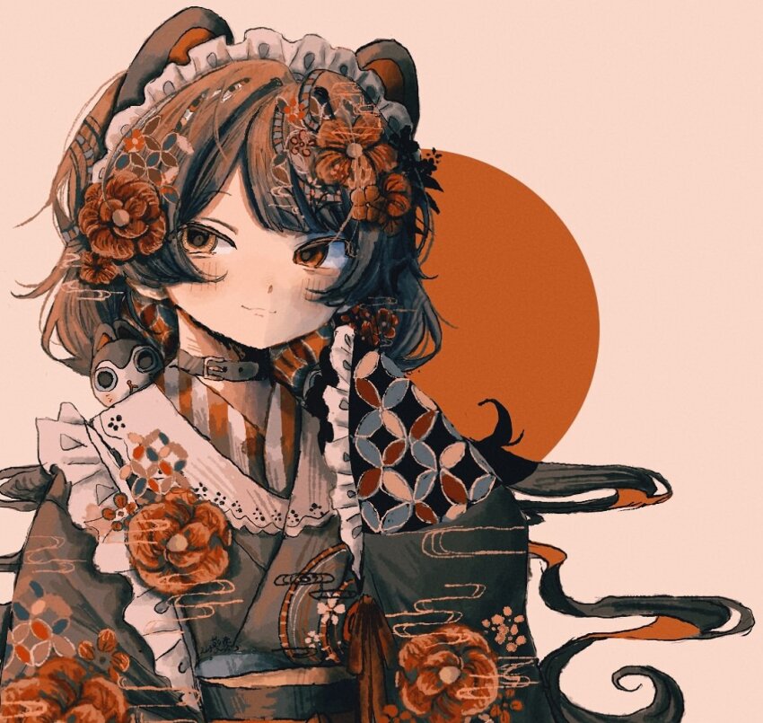 1girl :3 animal_ears animal_hair_ornament black_collar blush brown_hair brown_kimono collar dog_ears floral_print flower frilled_sleeves frills hair_flower hair_ornament hand_to_own_mouth hashtag-only_commentary heterochromia impossible_hair inui_toko inui_toko_(1st_costume) japanese_clothes kimono long_hair long_sleeves looking_to_the_side low_twintails maid maid_headdress nijisanji obi orange_background orange_flower parted_bangs patterned_clothing patterned_hair pink_background red_eyes sash sepia sleeves_past_fingers sleeves_past_wrists smug solo twintails two-tone_background upper_body very_long_hair virtual_youtuber wa_maid wasabi_natsume wavy_hair white_headdress yellow_eyes