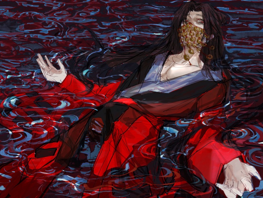 1boy 3429397233 afloat bags_under_eyes black_hair black_hanfu chinese_clothes chinese_commentary coat coin coin_mask coin_on_string covered_mouth dao_gui_yi_xian hair_bun hanfu highres holed_coin in_water li_huowang long_hair long_sleeves looking_at_viewer lying male_focus mask mouth_veil night on_back partially_submerged pectoral_cleavage pectorals red_coat red_eyes red_water robe single_hair_bun sketch solo veil very_long_hair water
