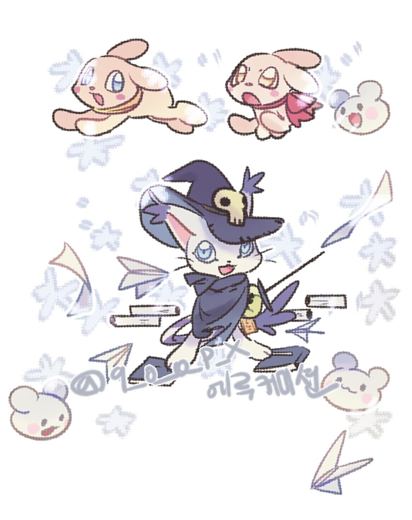 black_cape black_hat blue_eyes body_fur cape cat commission cosplay digimon digimon_(creature) dog evolutionary_line hat highres plotmon q_o_o_p_x tailmon white_fur wizard_hat wizarmon wizarmon_(cosplay) yukimibotamon