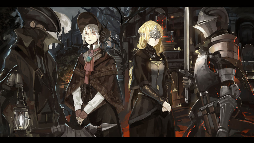 2boys 2girls armor ashen_one_(dark_souls) blindfold blonde_hair bloodborne bonnet cape capelet cloak crossover dark_souls_(series) dark_souls_i dark_souls_iii doll_joints fire_keeper full_armor gauntlets gloves hat helmet highres holding holding_sword holding_weapon hunter_(bloodborne) jewelry joints letterboxed long_hair mask multiple_boys multiple_girls necklace plain_doll saberiii short_hair silver_hair swept_bangs sword tricorne weapon