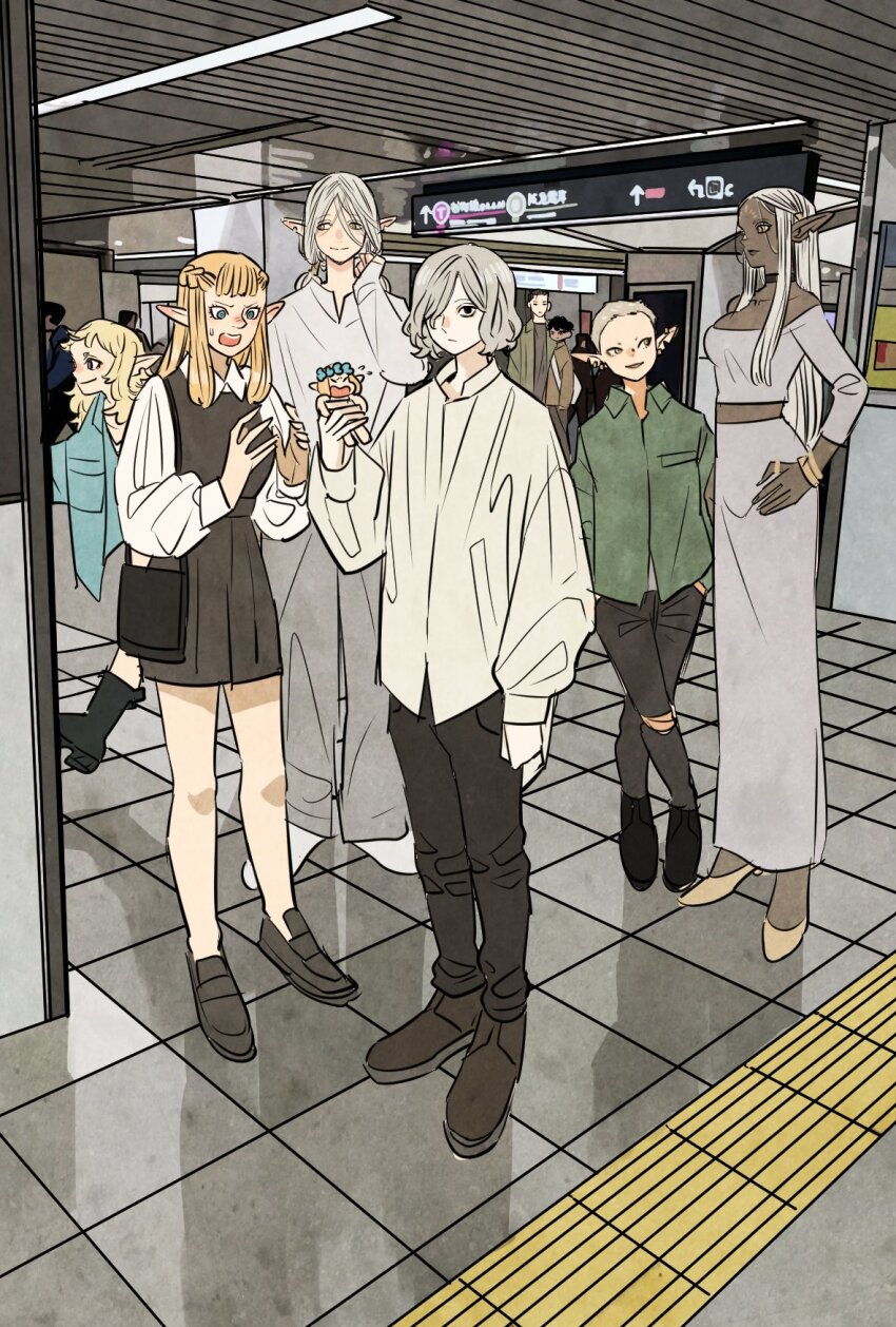4boys 4girls bag baggy_clothes baggy_pants black_eyes black_pants blonde_hair blue_eyes braid breasts casual choker cithis collared_shirt contemporary crop_top dark-skinned_female dark-skinned_male dark_elf dark_skin dress dungeon_meshi elf facial_mark fairy fleki forehead_mark full_body grey_hair hair_over_one_eye hair_tubes highres holding jewelry kabru long_hair long_sleeves looking_at_viewer low_twintails lycion medium_breasts medium_hair mithrun multiple_boys multiple_girls notched_ear otta_(dungeon_meshi) pants pattadol pointy_ears puffy_sleeves purple_eyes shirt short_hair shurou skirt smile standing streetwear takeuchi_ryousuke train_station twintails very_short_hair yellow_eyes