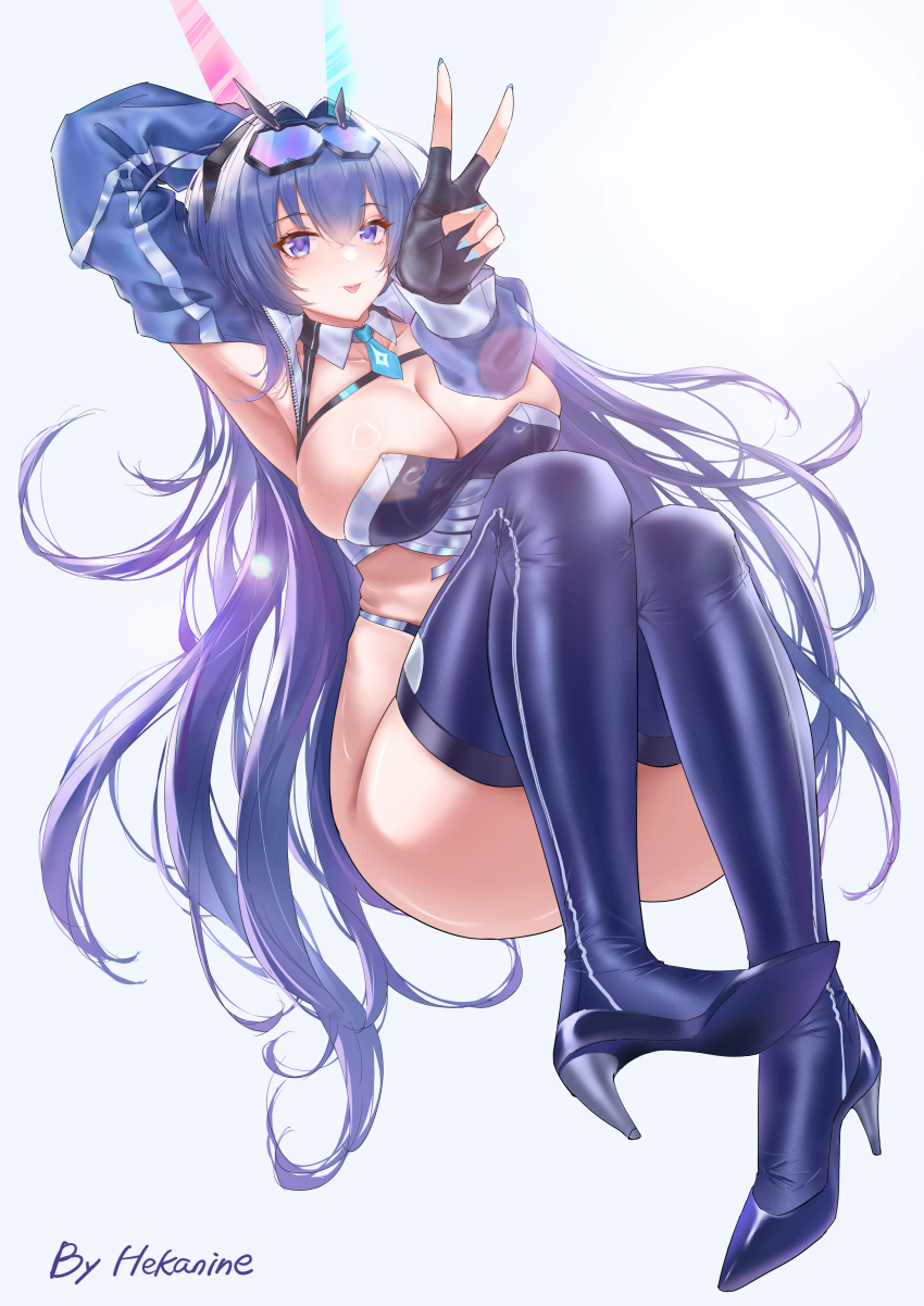 1girl absurdres animal_ears armpits azur_lane blue_eyes blue_hair blue_panties blue_thighhighs boots breasts cleavage commentary_request fingerless_gloves gloves high_heel_boots high_heels highres huge_breasts long_hair necktie new_jersey_(azur_lane) new_jersey_(black_blur_prelude)_(azur_lane) official_alternate_costume outstretched_arm panties presenting_armpit race_queen takedzutsu_sake thighhighs underwear v