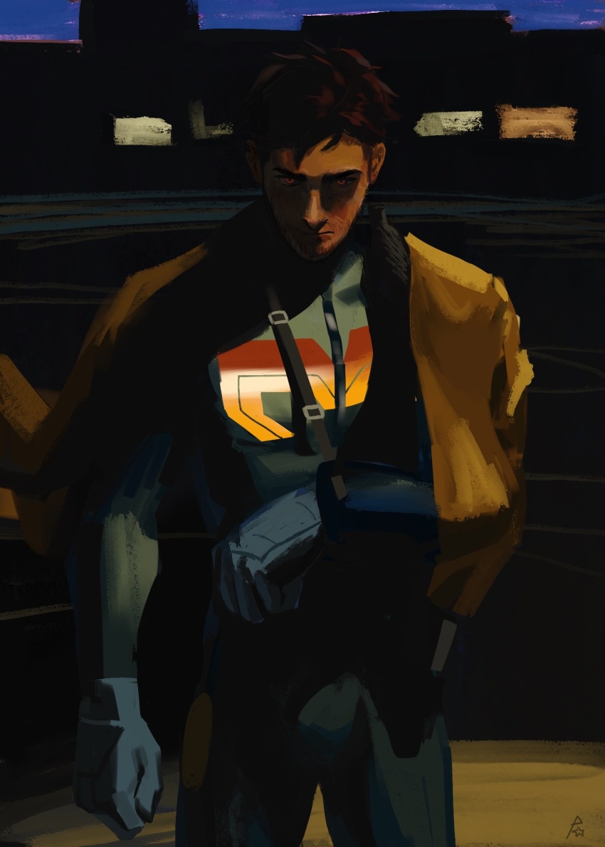 aethash arm_sling beard_stubble blue_gloves broken_arm brown_hair brown_jacket dispatch facial_hair gloves highres jacket notched_ear robert_robertson stubble superhero_costume