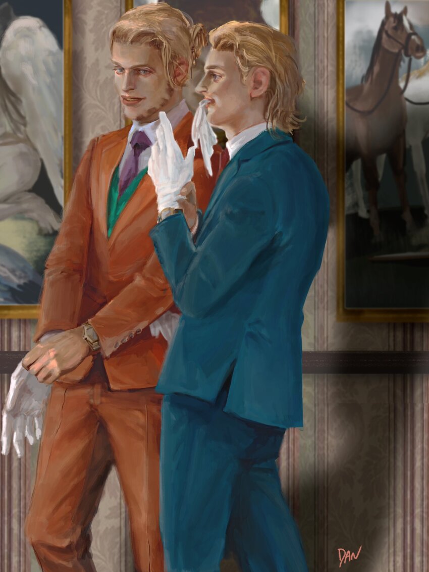 2boys alternate_hairstyle artist_name beard blonde_hair blue_jacket blue_pants commentary_request danart14020 drawing_(object) dress_shirt facial_hair formal_clothes gloves green_eyes gyro_zeppeli highres indoors jacket johnny_joestar jojo_no_kimyou_na_bouken long_hair long_sleeves male_focus mouth_hold multiple_boys necktie orange_jacket orange_pants pants realistic shirt smile steel_ball_run watch white_gloves wristwatch
