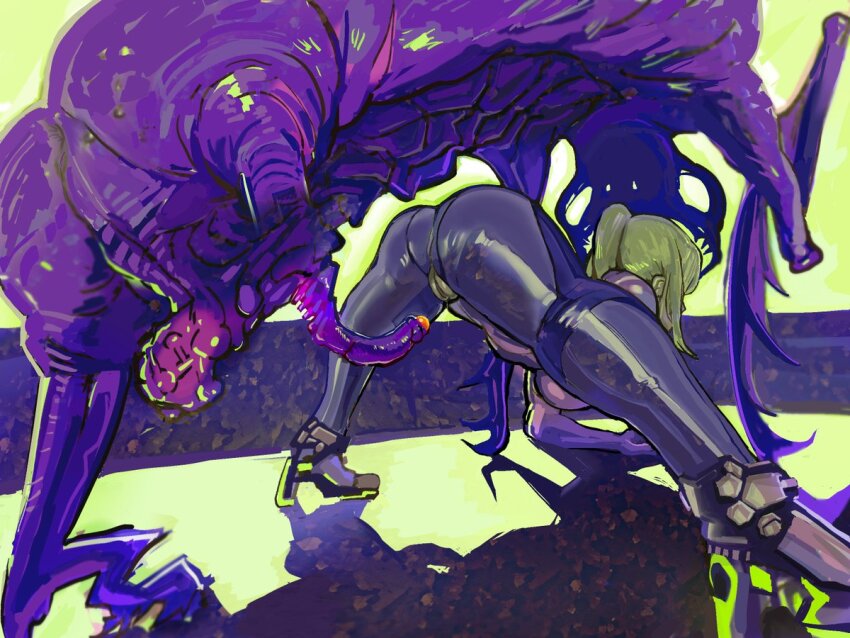 1girl alien ass blonde_hair bodysuit cameltoe dehgwo high_heels metroid nintendo penis samus_aran