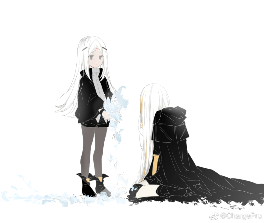2girls black_boots black_capelet black_jacket black_shorts blonde_hair boots bracelet brown_eyes brown_pantyhose capelet closed_mouth commentary dark-skinned_female dark_skin elisa_(girls&#039;_frontline) epiphyllum expressionless facial_mark flower forehead_mark full_body girls&#039;_frontline giving hair_ornament head_down high_heel_boots high_heels highres holding holding_flower jacket jewelry knee_boots kneeling long_hair long_sleeves looking_at_another m16a1_(boss)_(girls&#039;_frontline) m16a1_(girls&#039;_frontline) multicolored_hair multiple_girls pantyhose puffy_shorts sangvis_ferri shadow71580825 shirt shorts simple_background standing streaked_hair very_long_hair watermark weibo_watermark white_background white_hair yellow_shirt