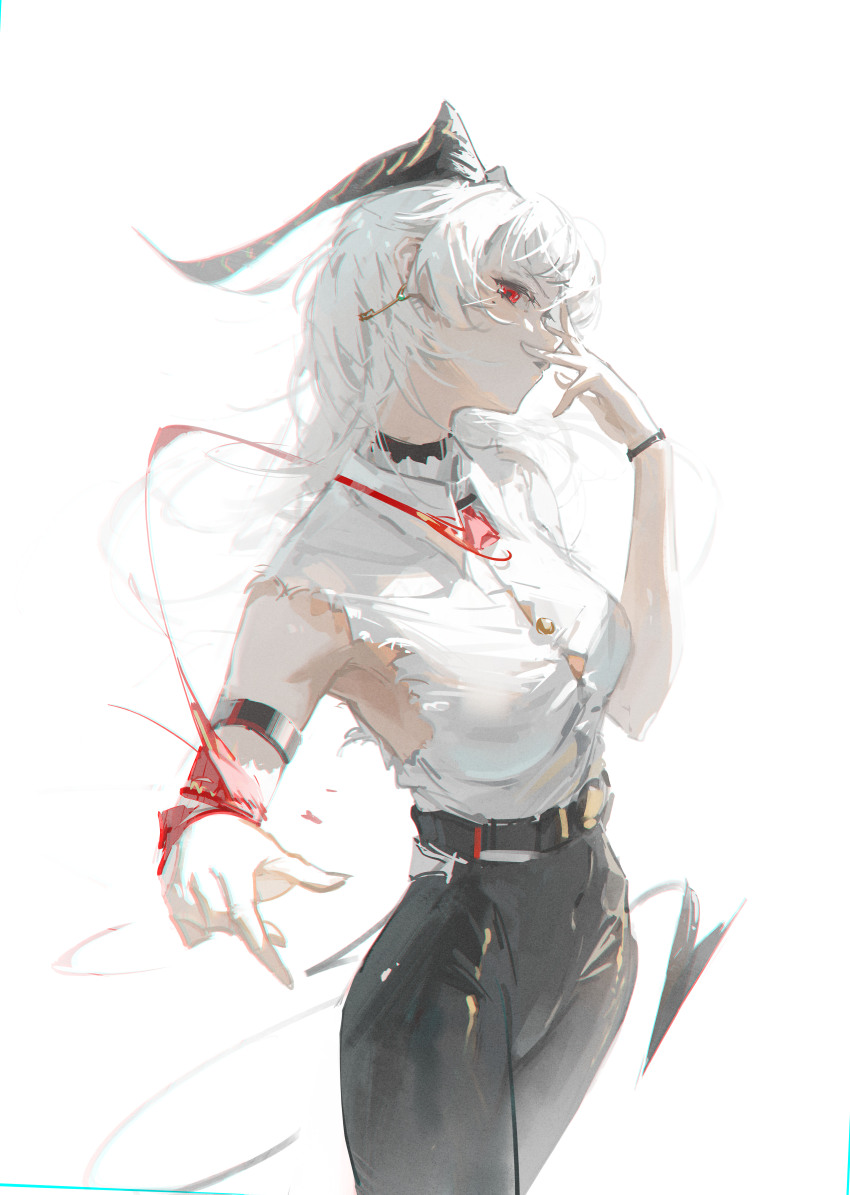 1girl absurdres arm_strap black_choker black_horns black_pants black_tail button_gap choker commentary cowboy_shot curled_horns demon_tail dudrinm hand_on_own_face hand_up high-waist_pants highres horns jewelry key key_necklace long_hair looking_at_viewer necklace necktie necktie_around_wrists pants parted_lips red_eyes red_necktie shirt shirt_tucked_in simple_background solo tail tight_clothes tight_pants torn_clothes torn_shirt white_background white_hair white_shirt wuthering_waves zani_(wuthering_waves)