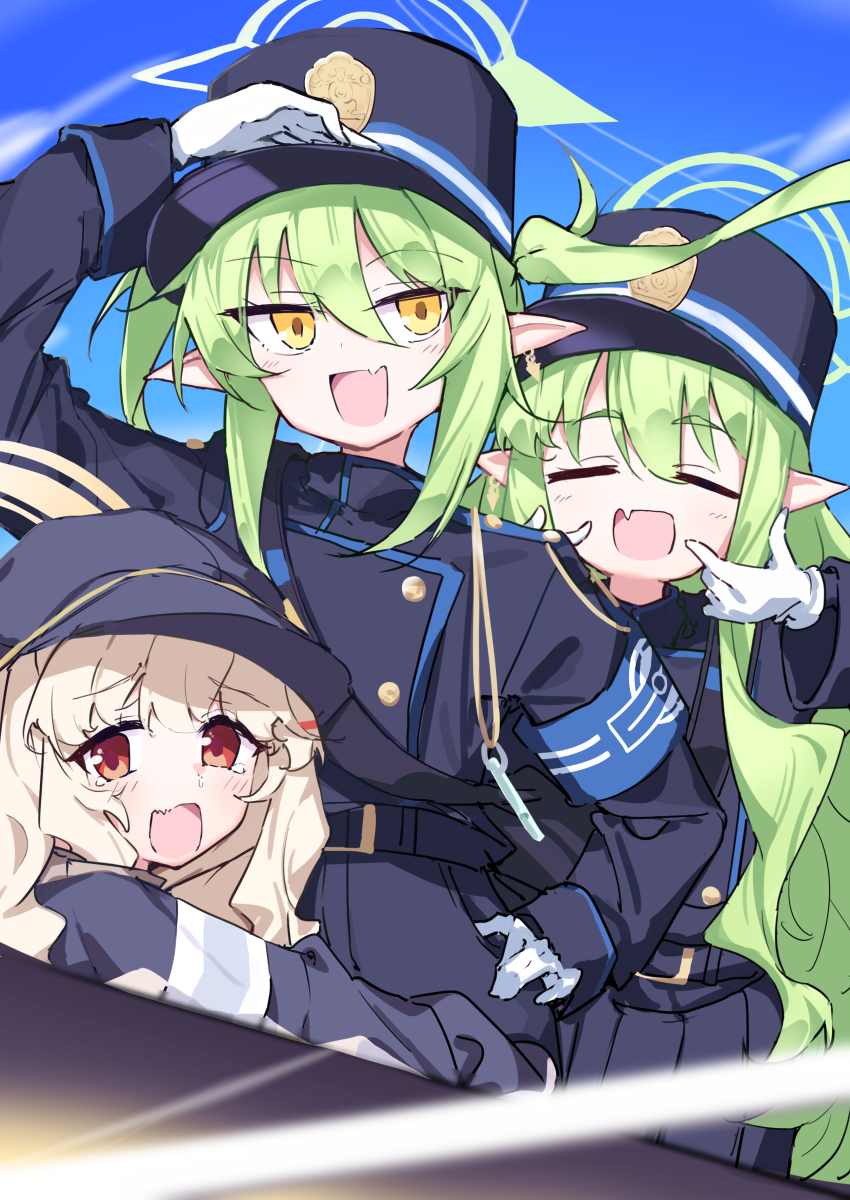3girls absurdres aoba_(blue_archive) black_hat blonde_hair blue_archive blue_sky blush commentary_request day dice_choco fang flat_chest green_hair green_halo halo hat highres hikari_(blue_archive) long_hair looking_at_viewer multiple_girls nozomi_(blue_archive) open_mouth outdoors pointy_ears red_eyes siblings sky twins twintails yellow_eyes