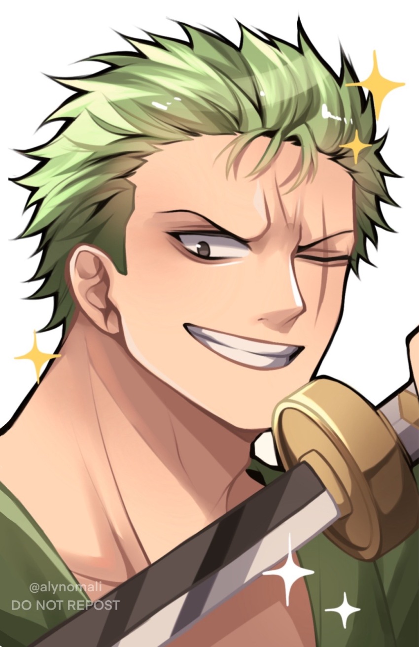 1boy alynomali artist_name clenched_teeth commentary commentary_request english_commentary english_text green_hair highres holding holding_sword holding_weapon male_focus mixed-language_commentary one_eye_closed one_piece roronoa_zoro scar scar_across_eye scar_on_face short_hair simple_background smile solo sparkle sword teeth weapon white_background