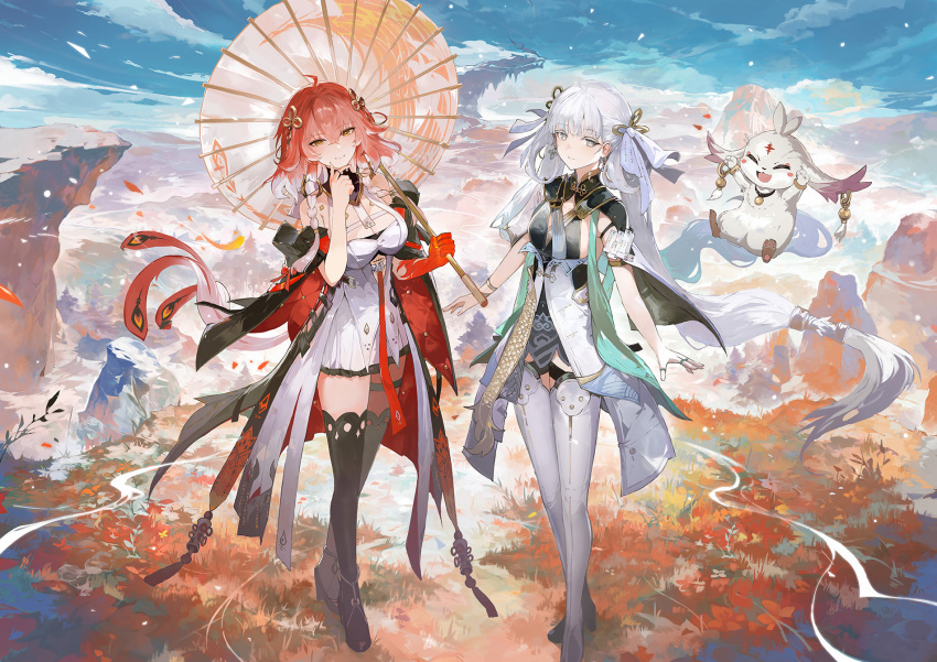 2girls abby_(wuthering_waves) alchemaniac bare_shoulders black_thighhighs blue_sky breasts changli_(wuthering_waves) cleavage commentary dress english_commentary full_body gradient_hair grey_eyes grey_hair hair_ornament highres jinhsi_(wuthering_waves) large_breasts long_hair looking_at_viewer multicolored_hair multiple_girls official_art oil-paper_umbrella orange_hair sky smile thighhighs twintails umbrella very_long_hair white_dress white_hair white_thighhighs wuthering_waves