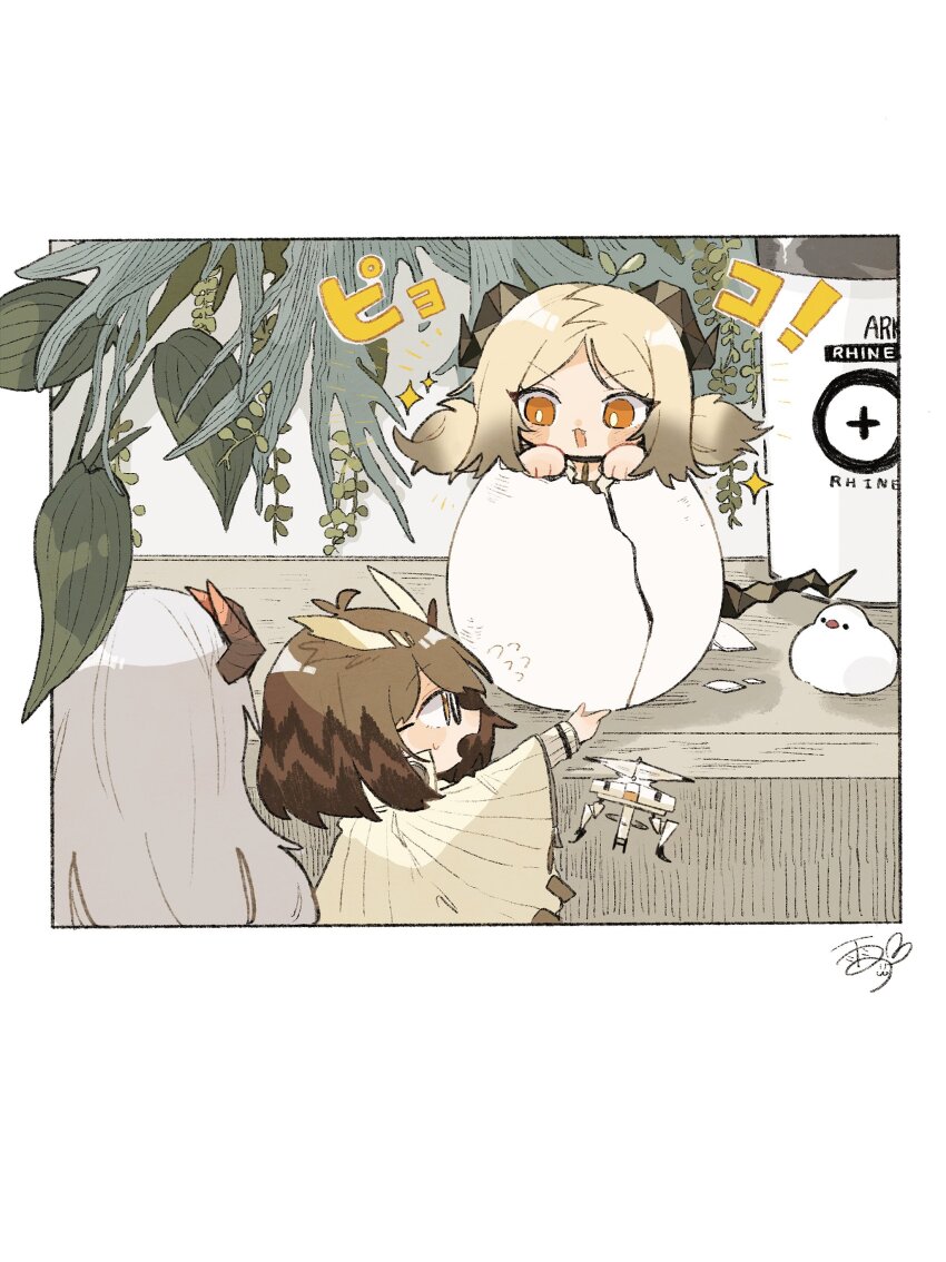 3girls absurdres amaoto_(ame_no_umi) arknights brown_hair chibi cloak commentary_request eggshell flying_sweatdrops hands_up highres horns ifrit_(arknights) long_hair multiple_girls open_mouth orange_eyes saria_(arknights) short_twintails silence_(arknights) translation_request twintails v-shaped_eyebrows white_cloak