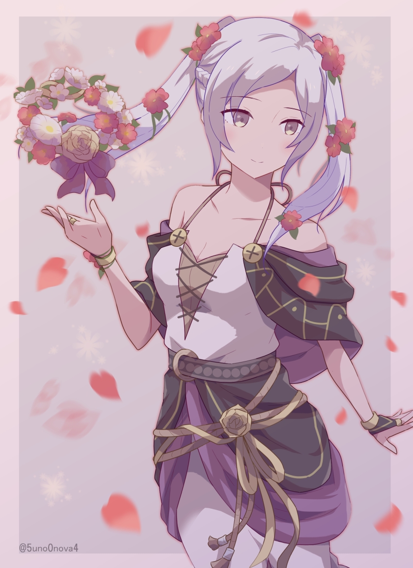 1girl 343rone absurdres arm_at_side armpit_crease bare_arms bare_shoulders breasts capelet cleavage collarbone dress falling_petals female_focus female_robin_(fire_emblem) fire_emblem fire_emblem_awakening fire_emblem_heroes flower flower_wreath hair_flower hair_ornament halterneck hand_up happy highres intelligent_systems long_dress long_hair looking_to_the_side medium_breasts neck nintendo no_bra off_shoulder official_alternate_costume parted_bangs petals female_robin_(valentine)_(fire_emblem) rope_belt sidelocks smile spaghetti_strap standing sundress twintails white_hair yellow_eyes