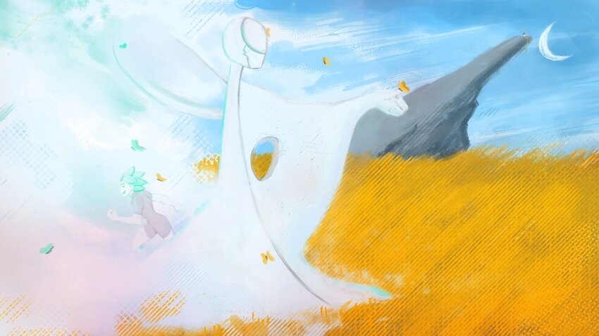 2others androgynous aqua_eyes aqua_hair bad_link bald colored_eyelashes crystal_hair gem_uniform_(houseki_no_kuni) glowing glowing_hair highres houseki_no_kuni multiple_others phosphophyllite phosphophyllite_(10000) phosphophyllite_(gemstone) shirt short_sleeves shorts smile wheat_field yaume