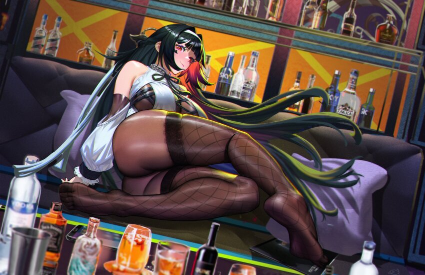 1girl absurdres alcohol ass astra_yao bar_(place) bare_shoulders beads black_hair bodystocking bottle breasts brown_bodystocking brown_pantyhose chest_bow closed_mouth colored_inner_hair commentary_request couch cross-laced_clothes cross-laced_top cup detached_sleeves drink drinking_glass fishnet_pantyhose fishnets frilled_sleeves frills glass_table hairband hhhhhddd_audn highres indoors large_breasts long_hair looking_at_viewer lying multicolored_hair on_couch pantyhose pillow puffy_sleeves red_eyes ring_hair_ornament see-through_clothes sleeveless_bodystocking solo table uneven_bangs white_hairband zenless_zone_zero