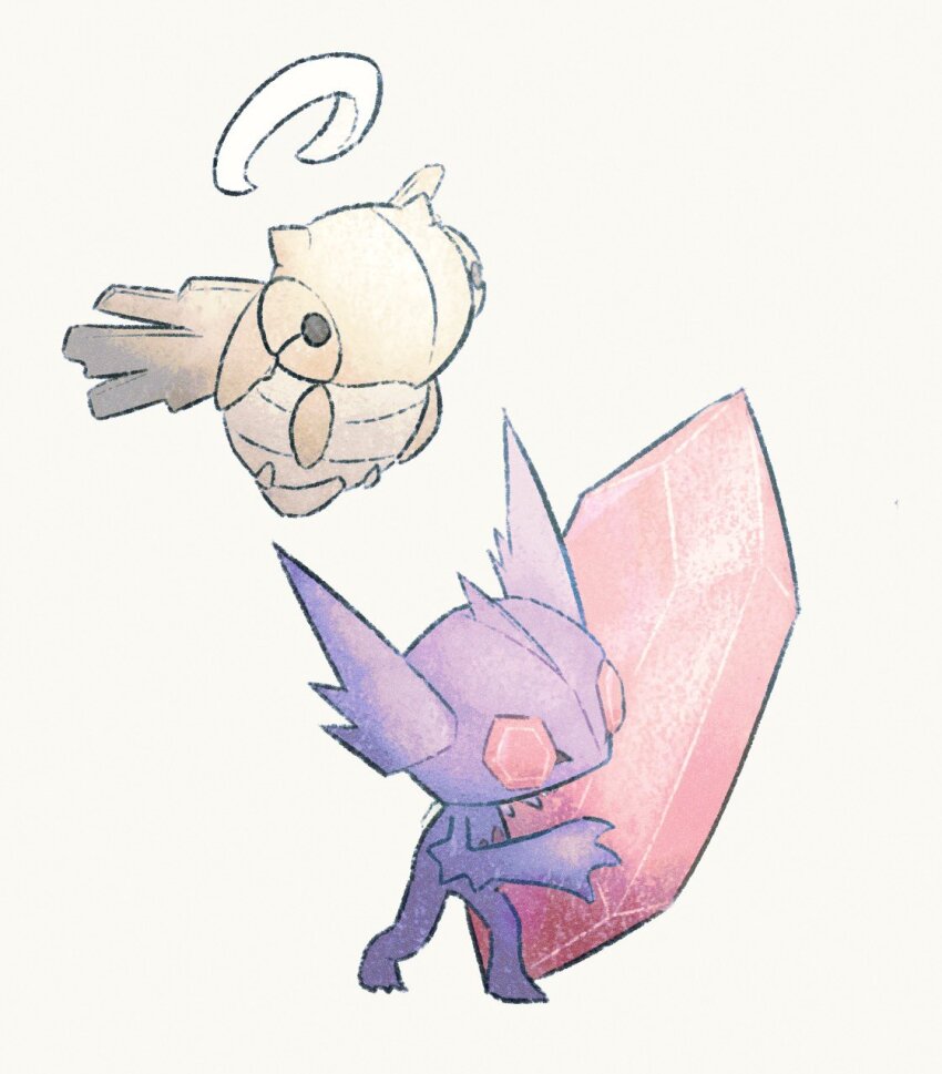 claws colored_skin fireblast floating full_body gen_3_pokemon halo highres mega_pokemon mega_sableye nintendo pokemon pokemon_(creature) purple_skin sableye shedinja simple_background solid_oval_eyes standing white_background wings
