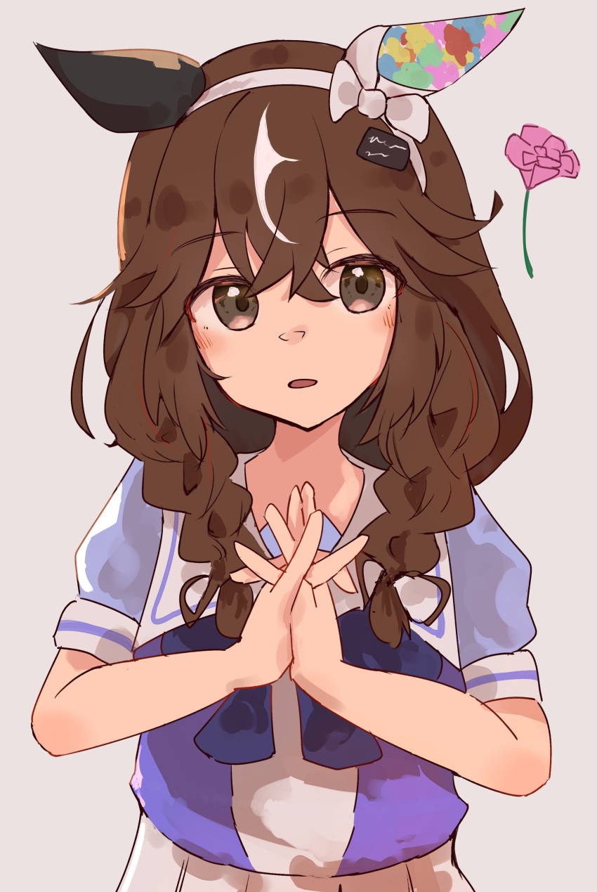 1girl absurdres braid brown_eyes brown_hair curren_bouquetd&#039;or_(umamusume) flower hair_between_eyes hair_ornament highres horse_girl izi_dw long_hair looking_at_viewer low_twin_braids open_mouth own_hands_together school_uniform solo tracen_school_uniform twin_braids umamusume white_background
