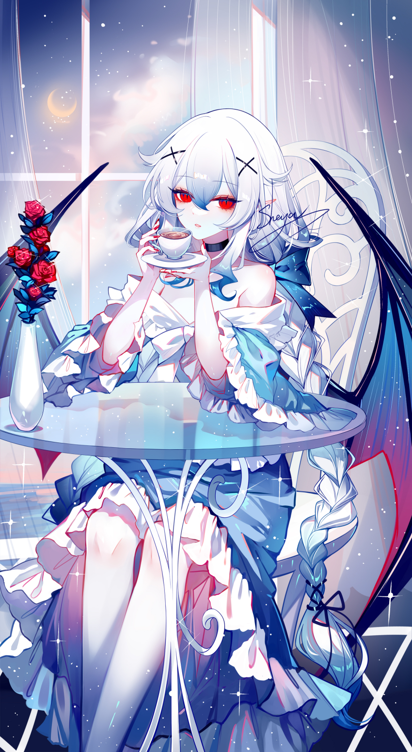 1girl absurdres artist_name bare_shoulders black_choker choker cup feet_out_of_frame flower highres holding holding_cup long_braid long_hair looking_at_viewer nail_polish off_shoulder original pointy_ears red_eyes red_flower red_nails red_rose rose sheya signature solo white_hair