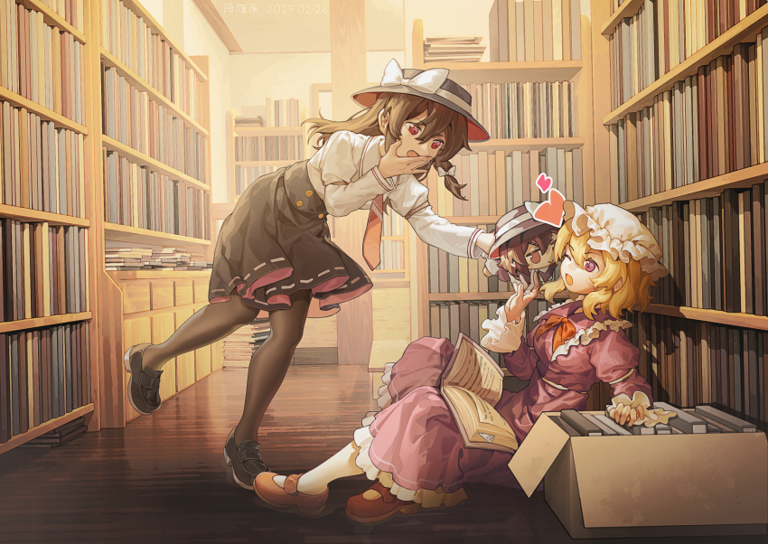 2girls ;d black_pantyhose black_shoes blonde_hair book bookshelf bow box breasts brown_hair brown_shoes cardboard_box character_doll commentary_request dress fedora frills fumo_(doll) furahata_gen hat hat_bow heart highres indoors laughing library long_sleeves maribel_hearn mary_janes medium_breasts mob_cap multiple_girls necktie on_floor one_eye_closed open_book open_mouth pantyhose purple_dress red_eyes red_necktie shirt shoes short_hair sitting skirt smile touhou usami_renko white_bow white_pantyhose white_shirt wooden_floor