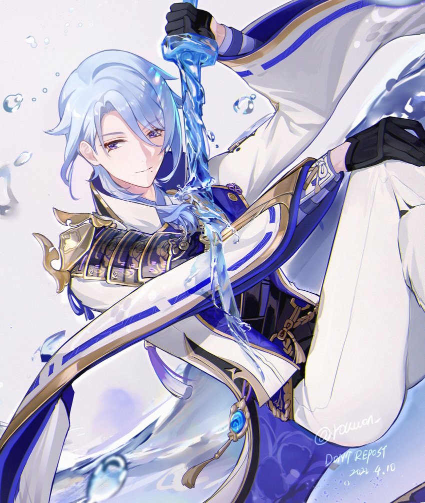 1boy arm_guards armor black_gloves black_vest blue_hair closed_mouth collared_jacket commentary_request feet_out_of_frame genshin_impact gloves gold_trim hair_over_shoulder high_collar highres holding holding_sword holding_weapon jacket japanese_armor japanese_clothes kamisato_ayato kimono light_smile long_sleeves looking_to_the_side male_focus medium_hair mole mole_under_mouth open_clothes open_jacket pants parted_bangs petals purple_eyes rokuon shoulder_armor simple_background solo standing swept_bangs sword sword_in_front_of_face tassel twitter_username vest weapon white_background white_jacket white_pants